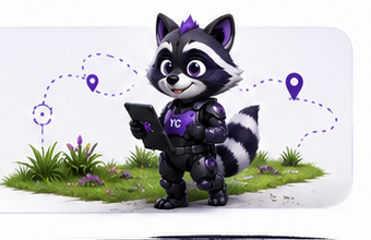 Mowjo the tech raccoon walking through a yard with a tablet, mapping service points