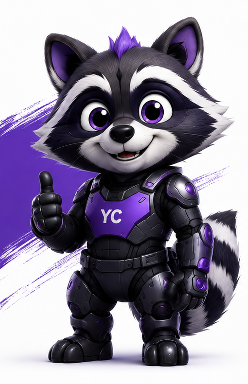 Mowjo, the YardCritters tech raccoon mascot, giving a thumbs up